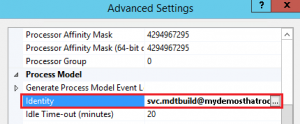 MDT Webservice IIS Application Pool Advanced Settings