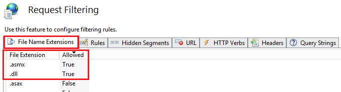 Request Filtering File Name Extensions Allowed