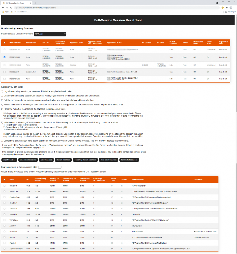 Self-Service Session Reset Tool